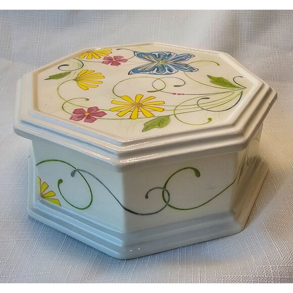 Ceramic Glazed Butterfly Octagon Ring/Jewelry Box/Trinket Box/Stash Box Artist S - Picture 2 of 11
